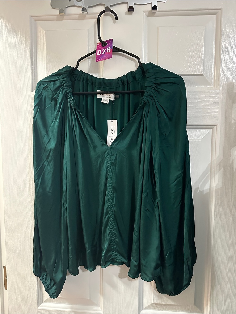 Velvet by Graham & Spencer Emerald Satin Gathered V-Neck Blouse